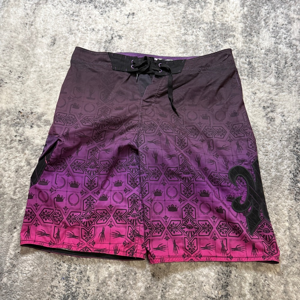 Micros Mens Board Shorts Size 34 Purple Pink Ombre Damask Print Swim Trunks